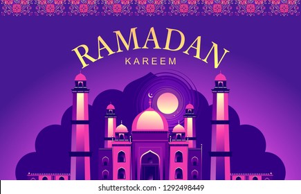 vector horizontal illustration of an arab mosque on the background of the night sky in the window opening
