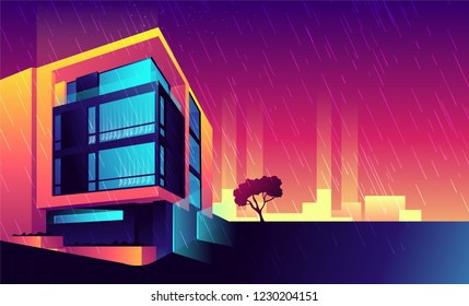 Vector horizontal illustration background city night neon style architecture buildings town, architecture