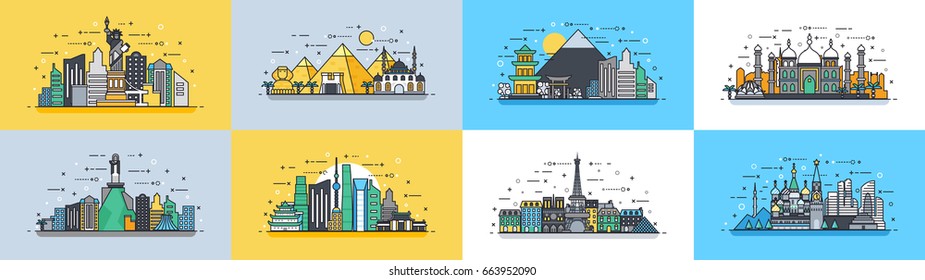 Vector horizontal illustration background icon linear style architecture buildings town city country travel Moscow Russian capital France, Paris, Japan, India, Egypt, pyramids, China, Brazil, USA