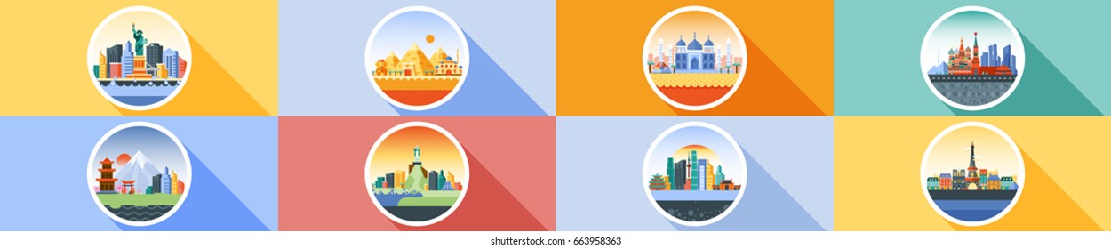 Vector horizontal illustration background icon circle flat style architecture buildings town city country travel Moscow Russian capital France, Paris, Japan, India, Egypt, pyramids, China, Brazil, USA