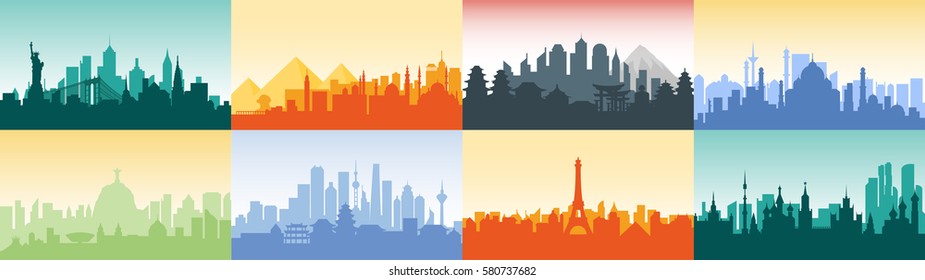 Vector horizontal illustration background silhouette architecture buildings monument town city country travel Moscow, Russian, capital, France, Paris, Japan, India, Egypt, pyramids, China, Brazil, USA