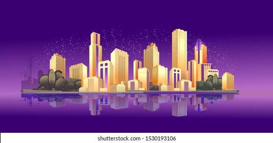 Vector horizontal illustration banner, night city, illuminated by neon light, urban landscape, in purple colors, street panorama, buildings, bridge