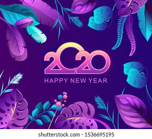 Vector horizontal illustration banner, tropical leaves, space for text congratulation invitation happy new year 2020