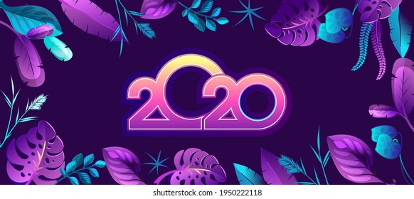 Vector horizontal illustration banner, tropical leaves, space for text congratulation invitation happy new year 2020