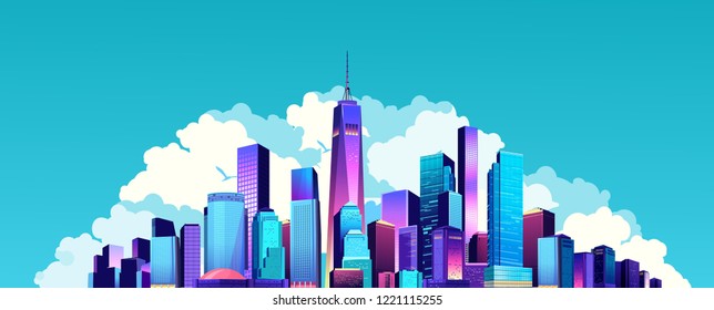 vector horizontal illustration of a big city, buildings against the sky and clouds, conceptual banner of modern skyscrapers, cityscape