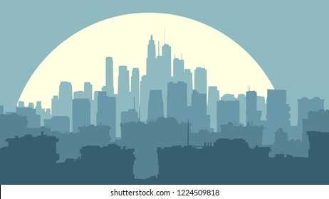 Vector horizontal illustration of big city and skyscrapers with moon in blue retro style.