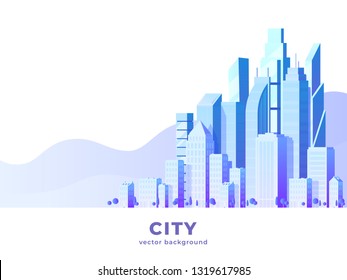 Vector horizontal illustration of big city and skyscrapers with clouds