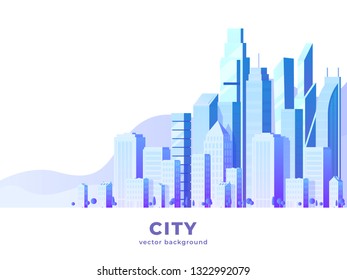 Vector horizontal illustration of big city and skyscrapers with clouds