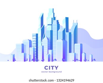 Vector horizontal illustration of big city and skyscrapers with clouds