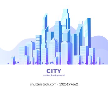 Vector horizontal illustration of big city and skyscrapers with clouds