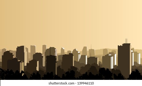Vector horizontal illustration of big city with skyscrapers and glare on it from sun.