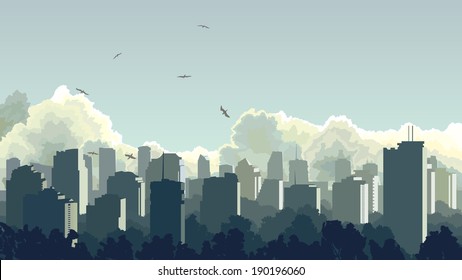 Vector horizontal illustration of big city and skyscrapers with clouds, sky.