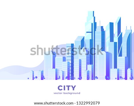 Vector horizontal illustration of big city and skyscrapers with clouds
