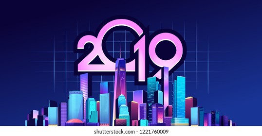 vector horizontal illustration of big night neon city with numbers 2019. modern skyscrapers conceptual banner, cityscape