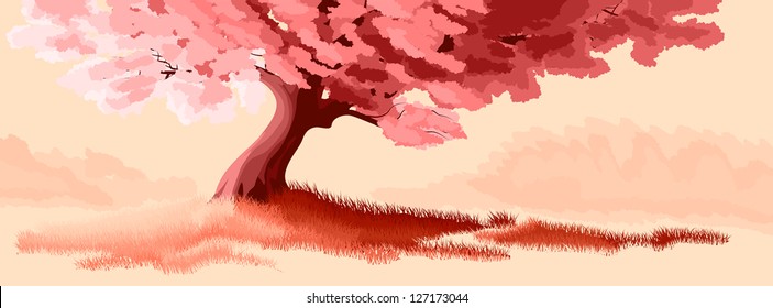 Vector horizontal illustration of a blossoming tree (sakura) with grass in pink tone.