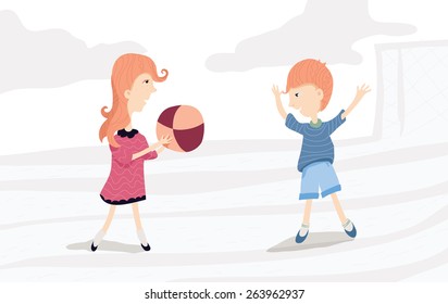 Vector horizontal illustration of boy and girl, playing with ball, colored, in pastel colors.