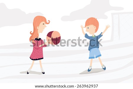 Vector horizontal illustration of boy and girl, playing with ball, colored, in pastel colors.