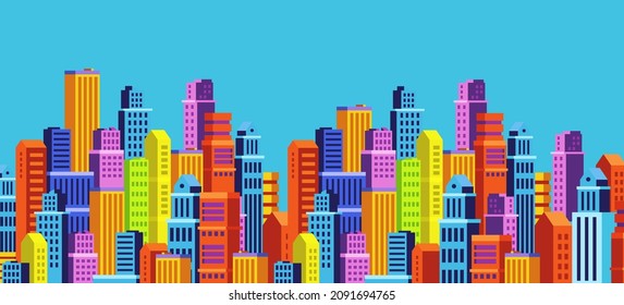 Vector horizontal illustration of bright cityscape on blue color sky background. Flat isometric style design of panorama of colorful city street for web, site, banner, poster, print