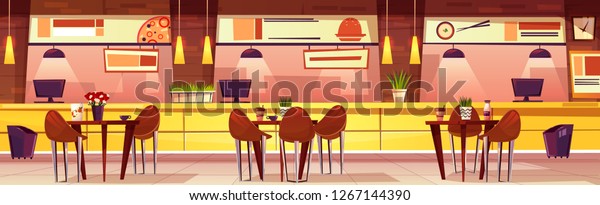 カフェとベクター水平イラスト テーブルと椅子を持つ 居心地の良いインテリア カフェテリアの明るい家具 さまざまな料理 ファストフード すし ピザをメニューに レストランの背景 のベクター画像素材 ロイヤリティフリー