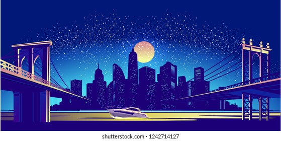 vector horizontal illustration cartoon, silhouette of a night city on the river bank or seashore, two bridges to the city center on the water sailing yacht night swimming