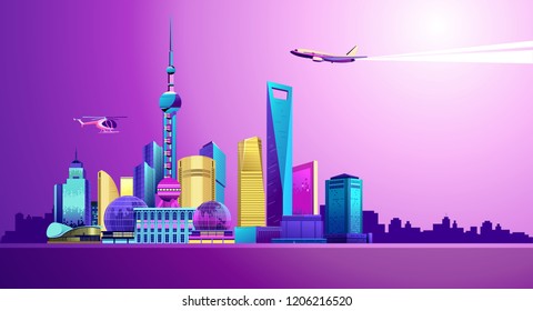 Vector horizontal illustration of Chinese city Shanghai waterfront with skyscrapers houses buildings. Sunset