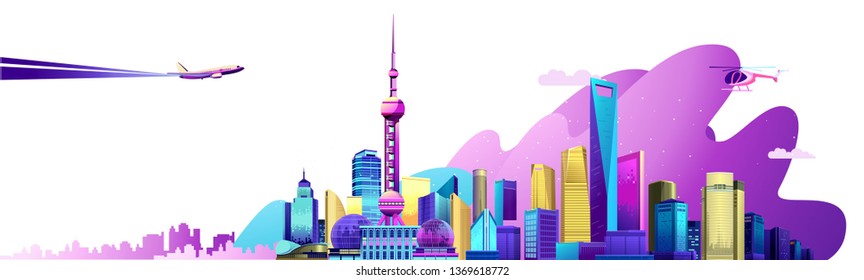 Vector horizontal illustration of the Chinese city Shanghai embankment banner with skyscrapers, bridge and transport, on white background