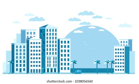 Vector horizontal illustration of  city buildings with skyscraper, sea view, palms trees. 