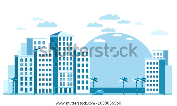 Vector horizontal illustration of \
city buildings with skyscraper, sea view, palms trees.\
