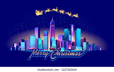vector horizontal illustration, a city illuminated by neon lights, on Christmas night, Santa Claus flies across the sky in a sleigh pulled by reindeer