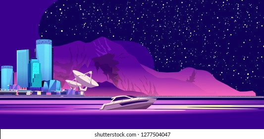 Vector horizontal illustration, coastal city, resort on the background of mountains and night starry sky, settlement, research center