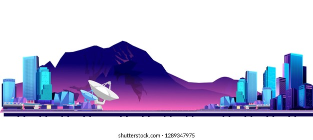 Vector horizontal illustration, coastal city, on the background of mountains and daytime white sky background settlement, research center