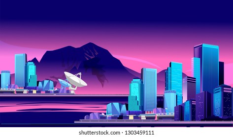 Vector horizontal illustration, coastal city, resort on the background of mountains and night sky, city landscape