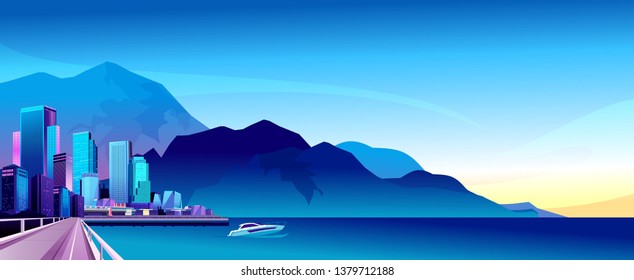 Vector horizontal illustration, coastal city, resort. High-rise buildings hotel for tourists and recreation in beautiful places,
