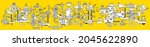 Vector Horizontal Illustration with Complex Mechanism of Product Production. Line Art Style Design of Black and White Retro Machine on Yellow Color Background