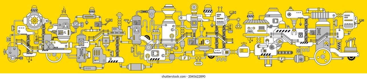 Vector Horizontal Illustration with Complex Mechanism of Product Production. Line Art Style Design of Black and White Retro Machine on Yellow Color Background