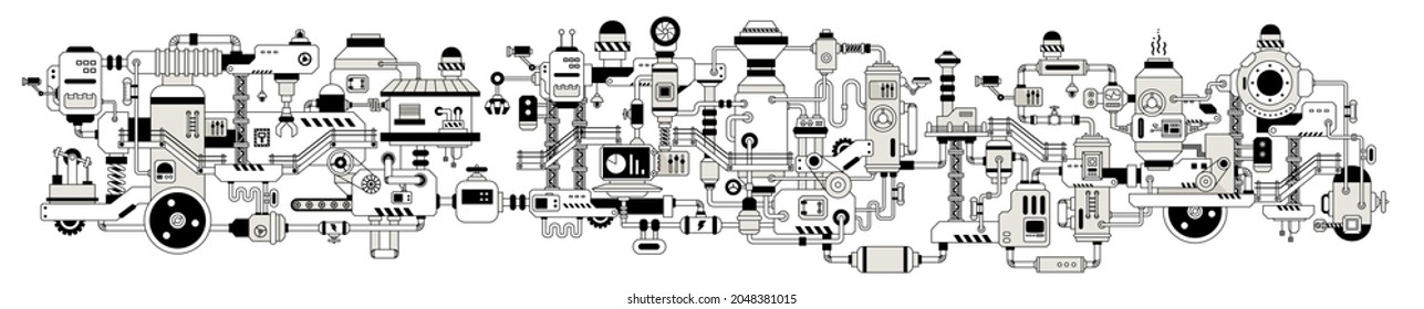 Vector Horizontal Illustration of Complex Mechanism on White Color Background. Product Production Concept. Line Art Style Design of Black and White Retro Machine