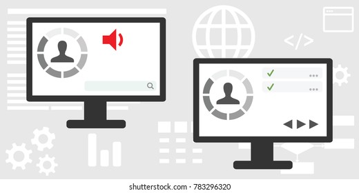 vector horizontal illustration of computer screen and video call for language teaching robots and artificial intelligence programs