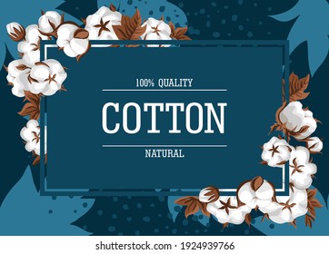Ilustración horizontal vectorial con ramas y hojas de algodón. Cartel de publicidad textil y embalaje de productos de tejidos naturales. Etiqueta textil de calidad superior