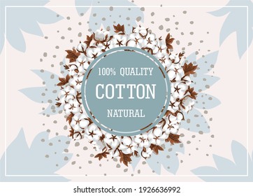 Vector horizontal illustration with cotton twigs and leaves. Banner for advertising textiles and packaging of products from natural fabrics. Premium quality textile label