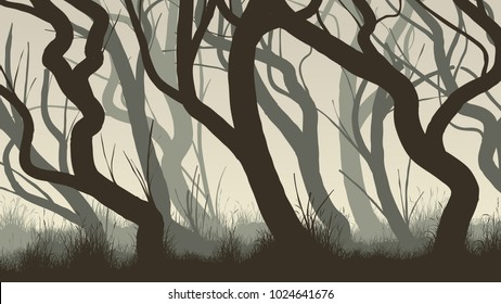 Vector horizontal illustration of curved tree trunks deadwood.