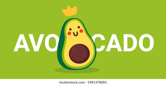 Vector horizontal illustration of cute happy character green and yellow avocado with crown on color background with word avocado