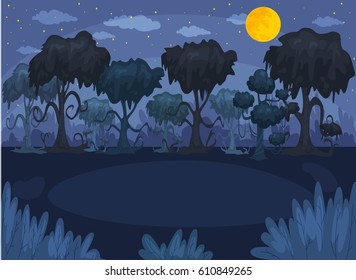Vector horizontal illustration of a dark ghostly forest and full moon