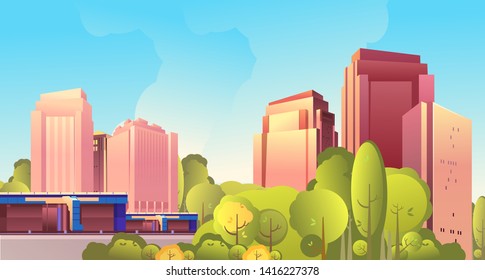 vector horizontal illustration, day city landscape, outskirts of a city, city park, street