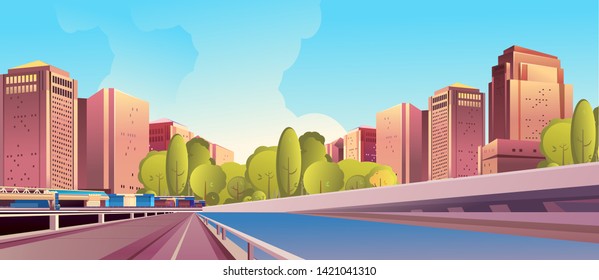 vector horizontal illustration, day city landscape, outskirts of a city, city park, street