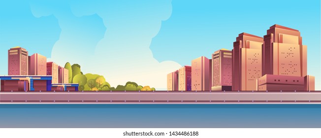 vector horizontal illustration, day city landscape, outskirts of a city, city park, street