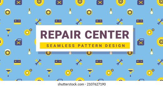Ilustración horizontal vectorial de diferentes equipos de auto con centro de reparación de cuadros y texto sobre fondo de color azul. Diseño de estilo de arte de línea plana de pieza de coche patrón sin inconvenientes para web, banner, impresión
