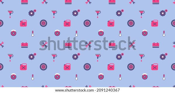 Vector horizontal illustration\
of different car equipment on blue color background. Line art style\
design of car part seamless pattern for web, site, banner,\
print