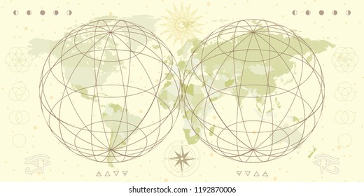 vector horizontal illustration of earth hemispheres/ancient symbols/world map/moon phases in retro style vintage colors 