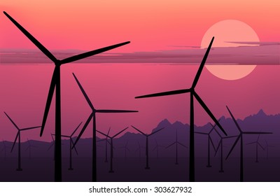 vector horizontal illustration of electric windmill. Wind energy. Clean energy background.  Windmill at sunset. Windmill at sunrise. Environmental energy.