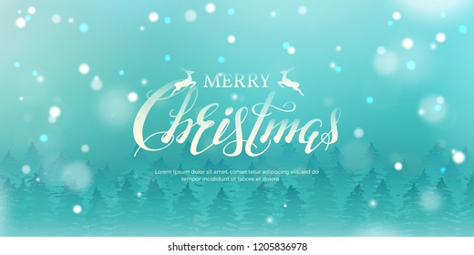 Vector horizontal illustration with forest of fir trees, text “Merry Christmas” and snowfall. Simple festive marine blue background with lettering and snow for design of flyer and banners.